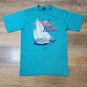 Vintage 90s Jerzees Turquoise Sail Florida Tee Single Stitch Made In USA